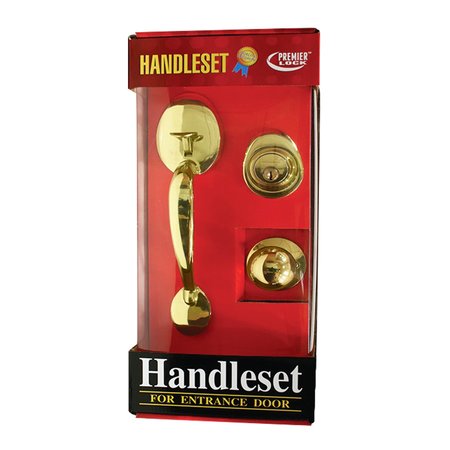 PREMIER LOCK Polished Brass Single Cylinder Door Handleset with Keyed Deadbolt Lock, Inside Knob and 3 KW1 Keys HSL-B